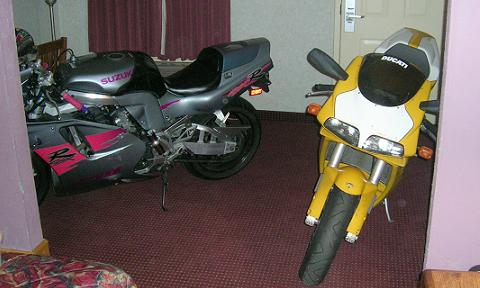 [10/28/06: Both of the bikes in the hotel with us in Gainesville, Georgia.]