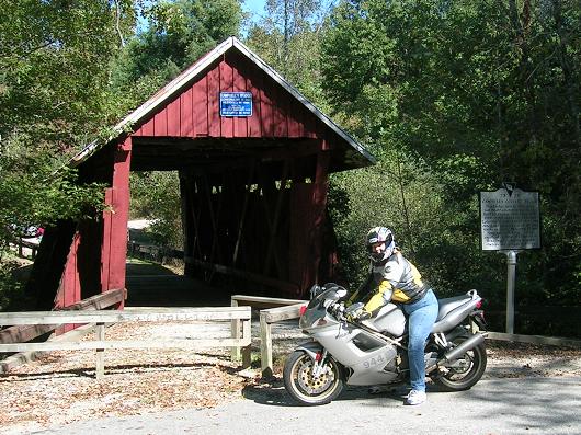 [10/24/05: Vicki on the ST2 when we rode to Campbell's Covered Bridge, the last surviving covered bridge in South Carolina.]